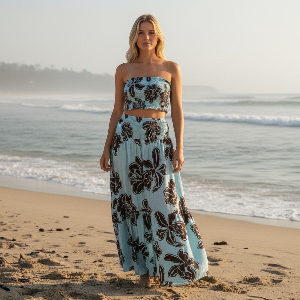 Paper Heart Linen Blend Floral Smocked Crop Top and Maxi Skirt Set Blue Brown M